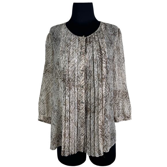 Talbots 14P Petite Snakeskin Pintuck Tunic Blouse Sheer 3/4 Sleeve Button Front - Picture 1 of 9